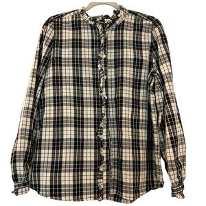 LOFT button down shirt, black/gray checks, ruffles at collar, front and sleeves